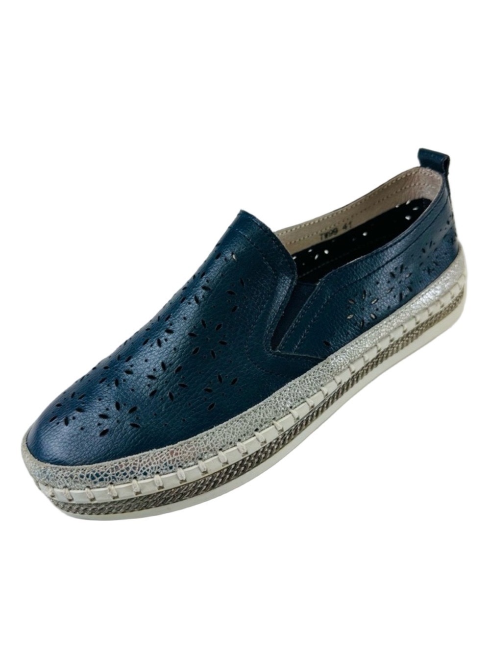Bernie Mev navy platform loafer Size 41 perforated leather TW99 Slip on casual